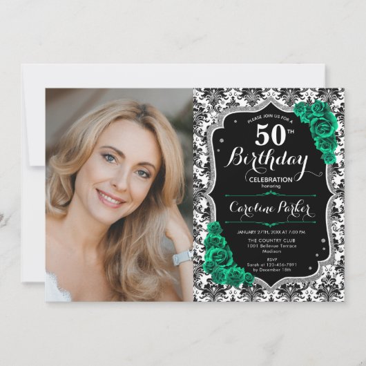 エメラルドグリーンバラダマスク写真50誕生日 招待状 (正面)