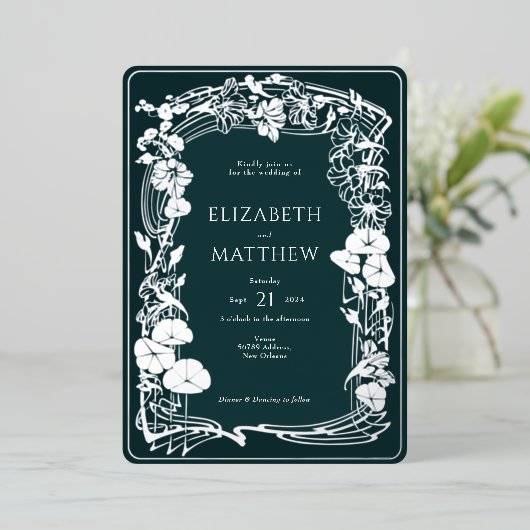 エメラルドグリーンバラ金ゴールド結婚フローラ 箔招待状 (立ち正面)