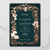 エメラルドグリーンバラ金ゴールド結婚フローラ 箔招待状 (正面)