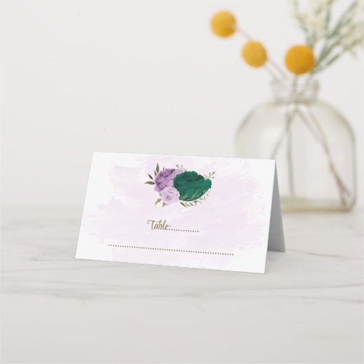 エメラルドグリーンパープル花結婚植物薬 プレイスカード (正面)