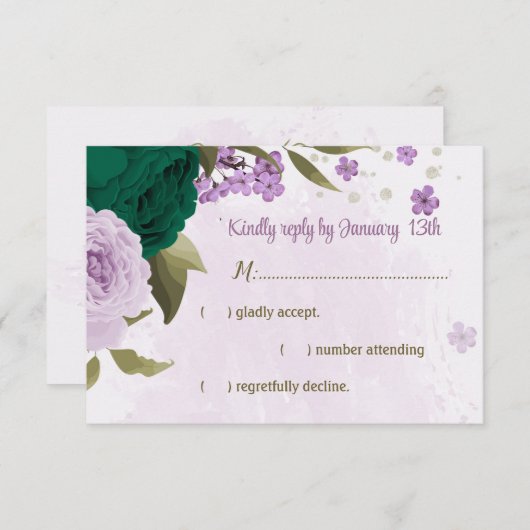 エメラルドグリーンパープル花結婚植物薬 出欠カード (正面/裏面)