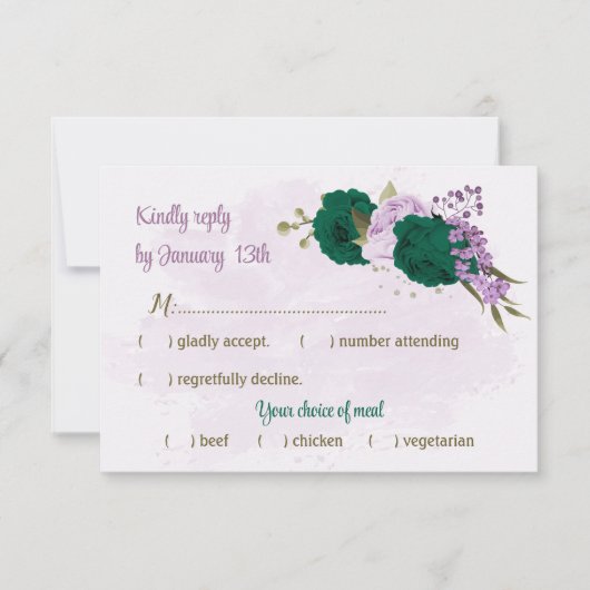 エメラルドグリーンパープル花結婚植物薬 出欠カード (正面)