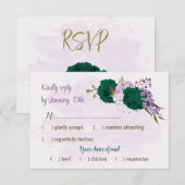 エメラルドグリーンパープル花結婚植物薬 出欠カード (正面/裏面)