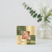 エメラルドグリーンヒョウ金ゴールドパターン写真QRコード スクエア名刺 (スタンド正面)