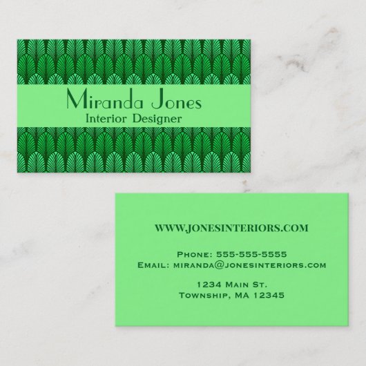エメラルドグリーンビジネスアールデコ羽模様 名刺 (正面/裏面)