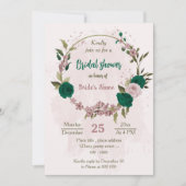 エメラルドグリーンピンクの花の植物ブライダルシャワー 招待状 (正面)