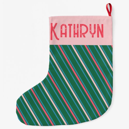 エメラルドグリーンピンクストライプの女子 ラージクリスマスストッキング (裏面)