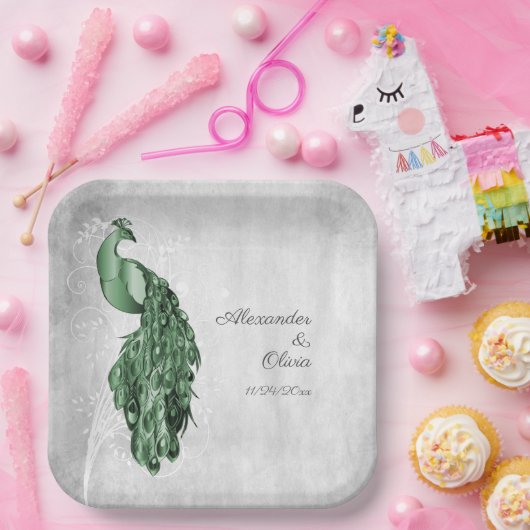 エメラルドグリーンピーコックウェディングシャワー紙プレート ペーパープレート (パーティー)