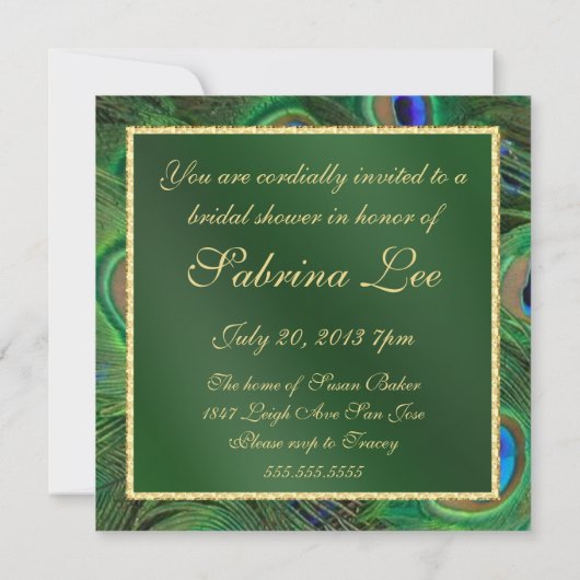 エメラルドグリーンピーコックブライダルシャワー招待状 招待状 (裏面)