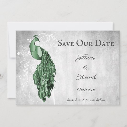 エメラルドグリーンピーコック日付を保存 案内状 (正面)