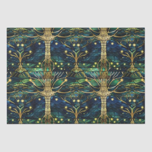 エメラルドグリーンフェイクフォレストステンドグラス模様 薄葉紙 (正面)