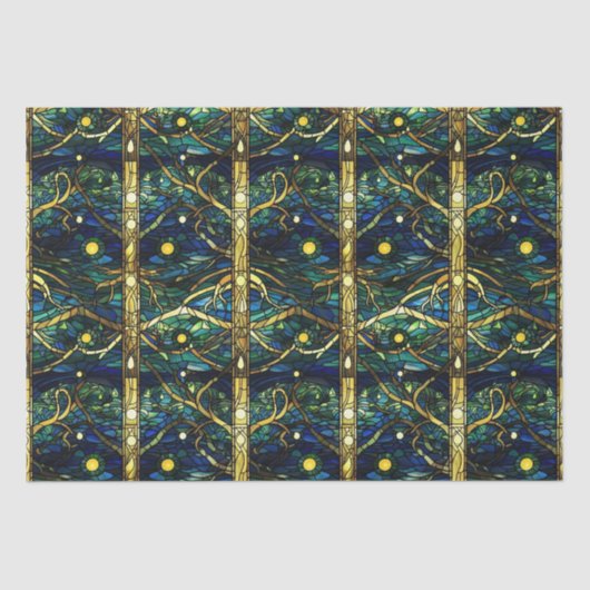 エメラルドグリーンフェイクフォレストステンドグラス模様 薄葉紙 (正面)