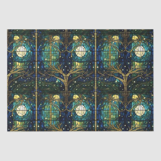 エメラルドグリーンフェイクフォレストステンドグラス模様 薄葉紙 (正面)