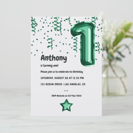エメラルドグリーンフォイルバルーン1st誕生日 招待状 (スタンド正面)
