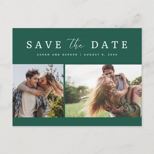 エメラルドグリーンフォトウェディング日付を保存 案内ポストカード (正面)