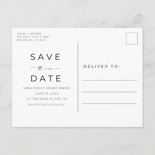 エメラルドグリーンフォトビーチ結婚式日付の保存 案内ポストカード (裏面)