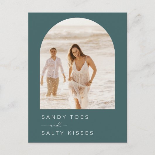 エメラルドグリーンフォトビーチ結婚式日付の保存 案内ポストカード (正面)