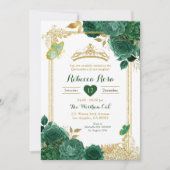 エメラルドグリーンフラワーズ金ゴールド王室のキンセニェラ 招待状 (正面)