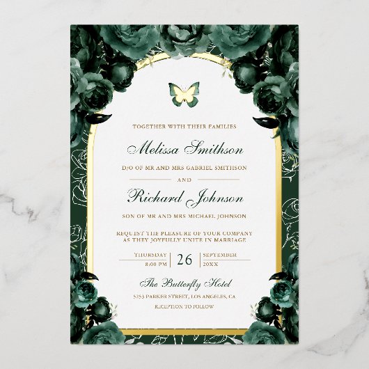 エメラルドグリーンフローラアーチバタフライ結婚ズ金ゴールド 箔招待状 (正面)