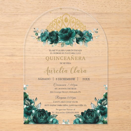 エメラルドグリーンフローラキンセアニェラプリンセスクラウン アクリル招待状 (正面)