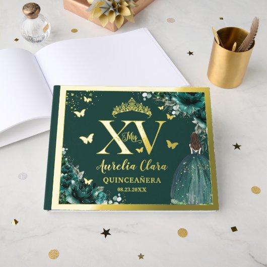 エメラルドグリーンフローラキンセアニラクインズ15 XV金ゴールド ゲストブック (正面見開き)