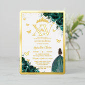 エメラルドグリーンフローラキンセアニラクインズ15 XV金ゴールド 箔招待状 (立ち正面)