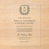 エメラルドグリーンフローラクレストモノグラム結婚ズ アクリル招待状 (正面)