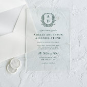 エメラルドグリーンフローラクレストモノグラム結婚ズ アクリル招待状