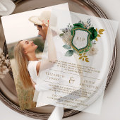 エメラルドグリーンフローラクレストモノグラム結婚ズ ベラム紙招待状