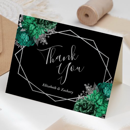エメラルドグリーンフローラシルバーブラック結婚ズ サンキューカード