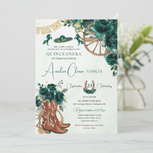 エメラルドグリーンフローラチャロ女性のカーボーイキンセアニェラ 招待状 (スタンド正面)