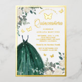 エメラルドグリーンフローラバタフライキンセアニェラ金ゴールド 箔招待状 (正面)