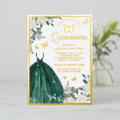 エメラルドグリーンフローラバタフライキンセアニェラ金ゴールド 箔招待状 (立ち正面)