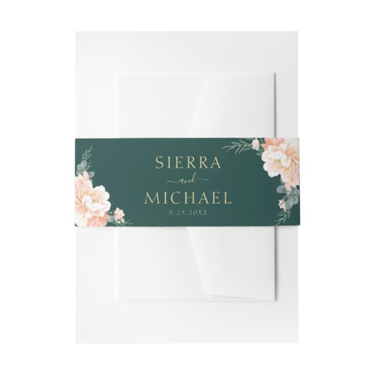 エメラルドグリーンフローラピーチクリーム結婚金ゴールド 招待状ベリーバンド (正面例)