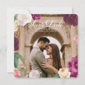 エメラルドグリーンフローラフォトウェディングデートを保存 招待状 (正面)