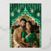 エメラルドグリーンフローラフォト結婚インディアンの金ゴールド 箔招待状 (裏面)