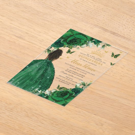 エメラルドグリーンフローラプリンセスキンセアニラスウィート16 アクリル招待状 (レイダウン)