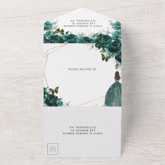 エメラルドグリーンフローラプリンセスティアラキンセアニラ オールインワン招待状 (外側)