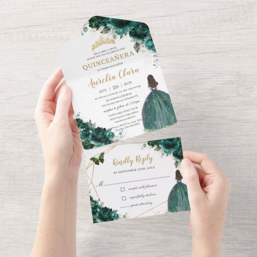 エメラルドグリーンフローラプリンセスティアラキンセアニラ オールインワン招待状 (貼ってはがせる)