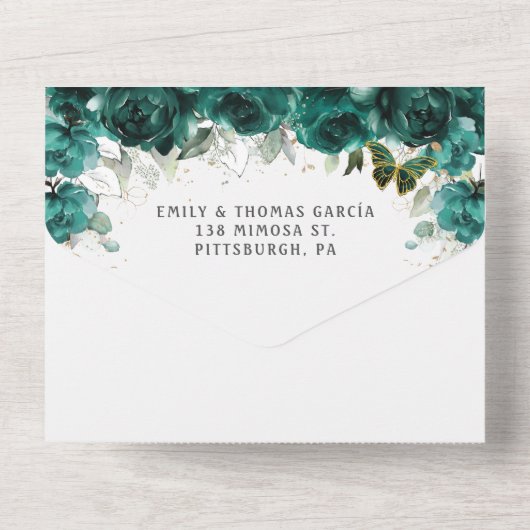 エメラルドグリーンフローラプリンセスティアラキンセアニラ オールインワン招待状 (裏面)