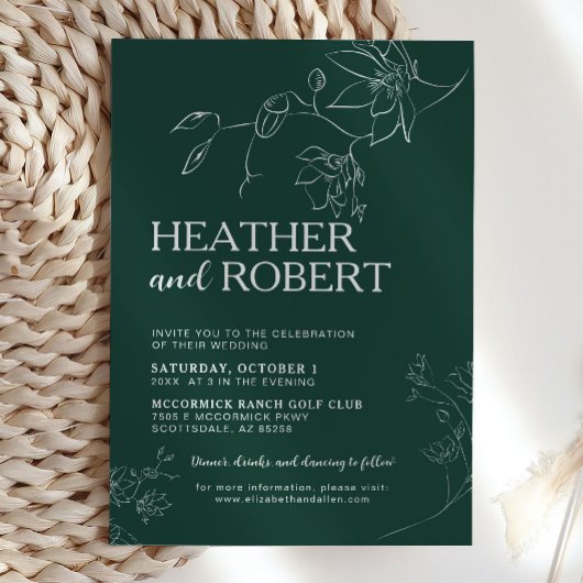 エメラルドグリーンフローラボタニカルシンプルボホ結婚ズ 招待状