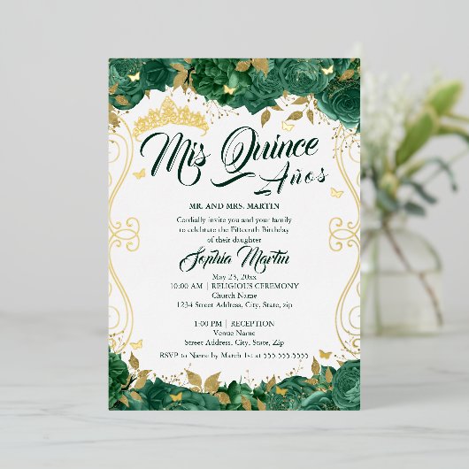エメラルドグリーンフローラミクリンキンセアニェラ 箔招待状 (立ち正面)
