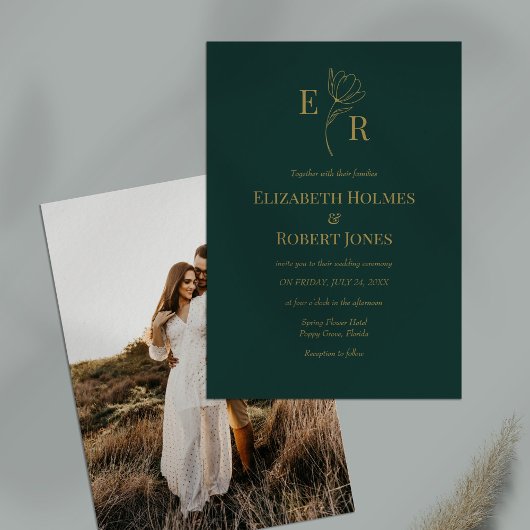 エメラルドグリーンフローラモノグラム結婚フォト 招待状