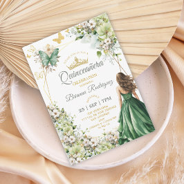 エメラルドグリーンフローラルゴールデンバタフライQuinceañera 招待状