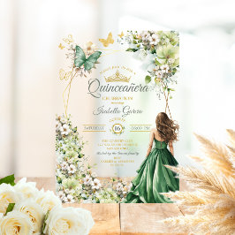 エメラルドグリーンフローラルゴールドバタフライQuinceañera アクリル招待状