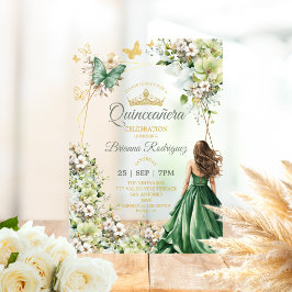 エメラルドグリーンフローラルゴールドバタフライQuinceañera アクリル招待状