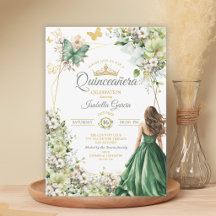 エメラルドグリーンフローラルゴールドバタフライQuinceañera