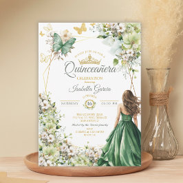 エメラルドグリーンフローラルゴールドバタフライQuinceañera 招待状