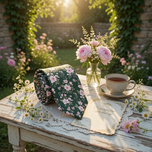 エメラルドグリーンフローラルピンクの花 ネクタイ