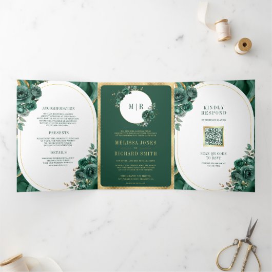 エメラルドグリーンフローラ大理石オールインワン結婚ズ 三つ折り招待状 (内部)